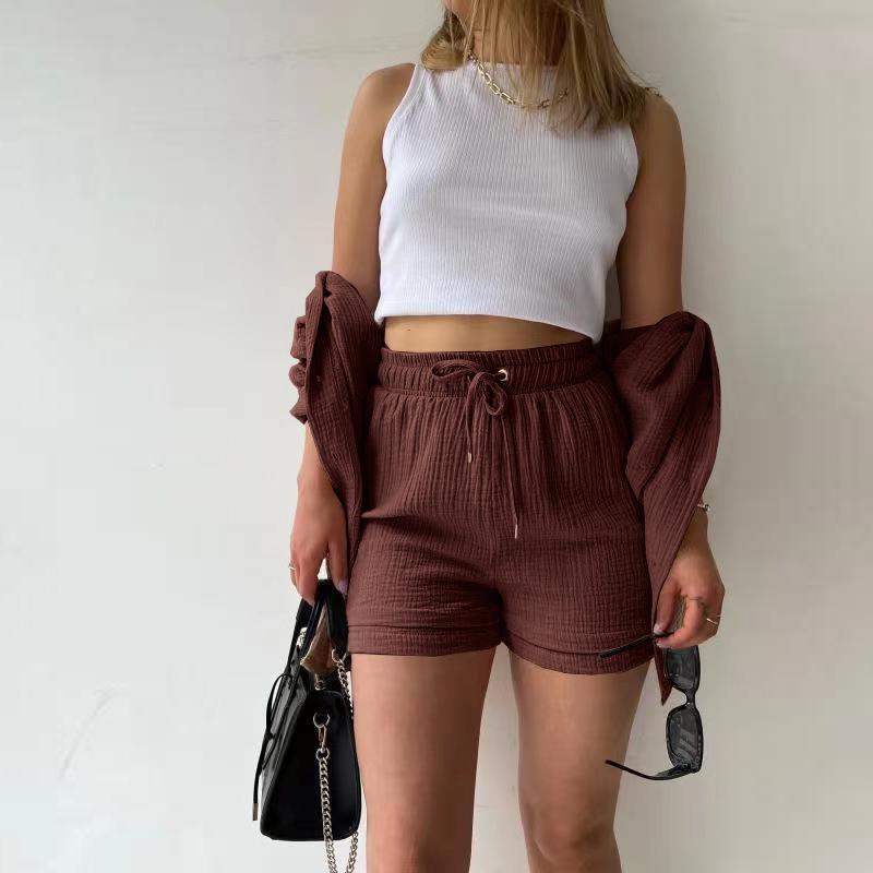 Wrinkled Lace-up Wide Leg Short Pants Set Wrinkled Fabric Woman Solid Long Sleeve Pockets Cotton Shirt Shorts 2-Pieces Sets Casual Loose Outfit