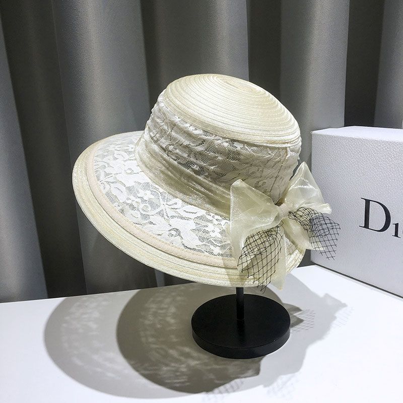 Summer Fashion Lace Mesh Fisherman Hat, Hepburn Style Colorful Retro Bowler Hat Elegant Bow Sun Hat