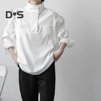Camicia da donna a collo semi-alto, abbottonatura parziale, maniche lunghe, con tasche, colore unito, vestibilità ampia, top pullover