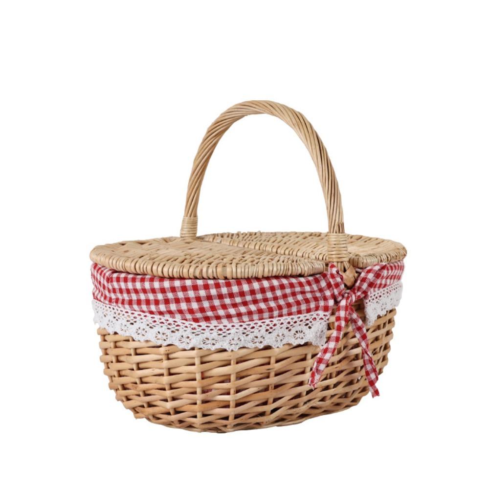 With Lid Wicker Picnic Basket Large Capacity Hand-woven Picnic Hamper Portable Handmade Willow Woven Storage Hamper Outdoor