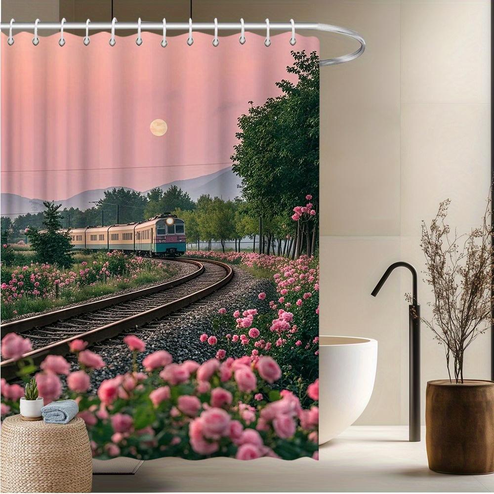 

Train and Rose Garden Shower Curtain, Scenic Train with Pink Roses at Dusk, Fade-Resistant Polyester, 12 Hooks, Machine Washable W90xH180cm