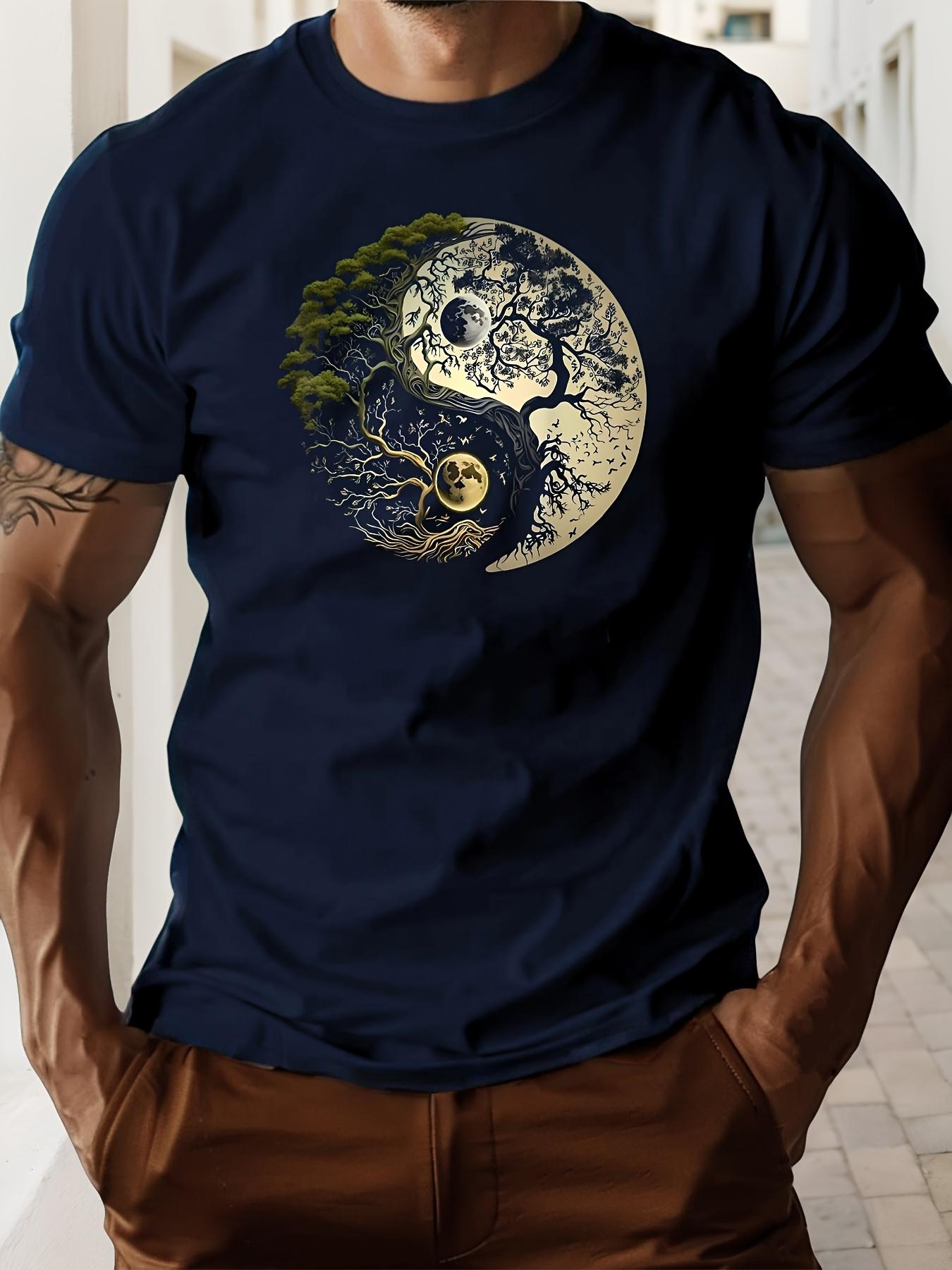 Mens tree pattern Tshirt dark green casual summer short sleeved round neck top lightweight and breathable fabric suitable S