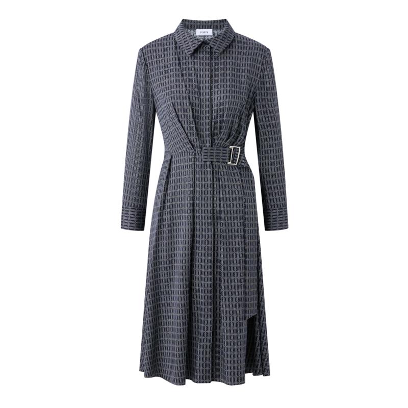 

PORTS Women s Navy Print Belted A-Line Knit Dress XS