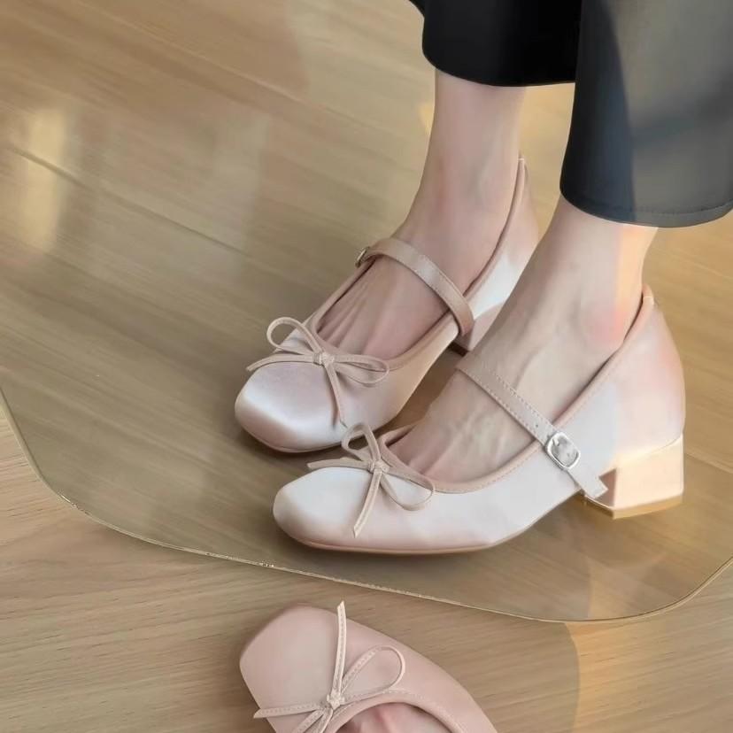 Innere Höhenerhöhung 7CM rosa Satin Schleife High Heel Mary Jane Schuhe Damen Dicke Ferse Weiche Sohle Vielseitige Ballerina Einzelne Schuhe Damen