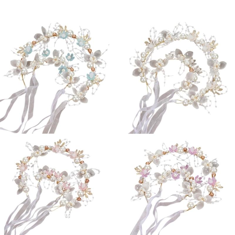Flower Girl Tiaras Headband with Wrist Flower Artificial Pearls Flower Hairhoop For Wedding Dress And Formal Occasion