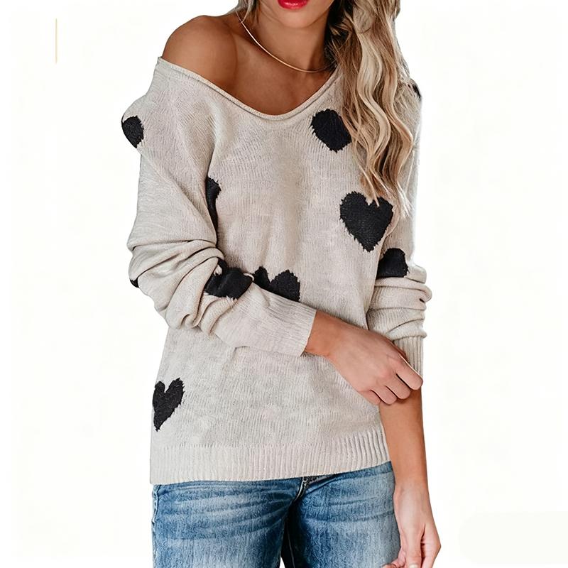 Ladies Autumn Winter Long Sleeve V Neck Pullover Love Heart Loose Knitted Sweater Knitwear Top