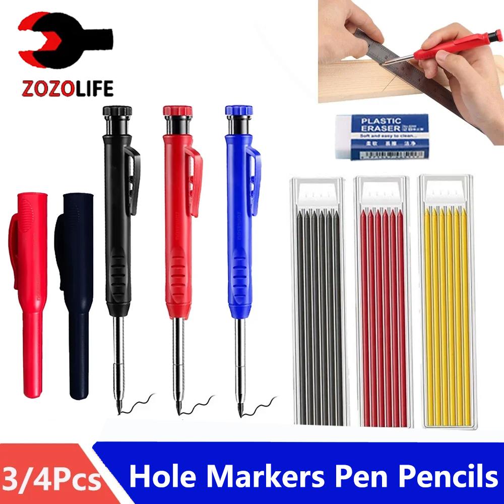 Reuseable Long Head Deep Hole Markers Pen Pencils Solid Carpenter Refill Leads Built-in Sharpener Woodwork Construction Tools