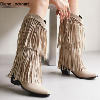 Fashion Fashion Autumn Winter Ethnic Woman Bohemian Flock Tassle Hidden Moccasin High Heels Mid-Calf Boots Fringe Female Slip On Shoes