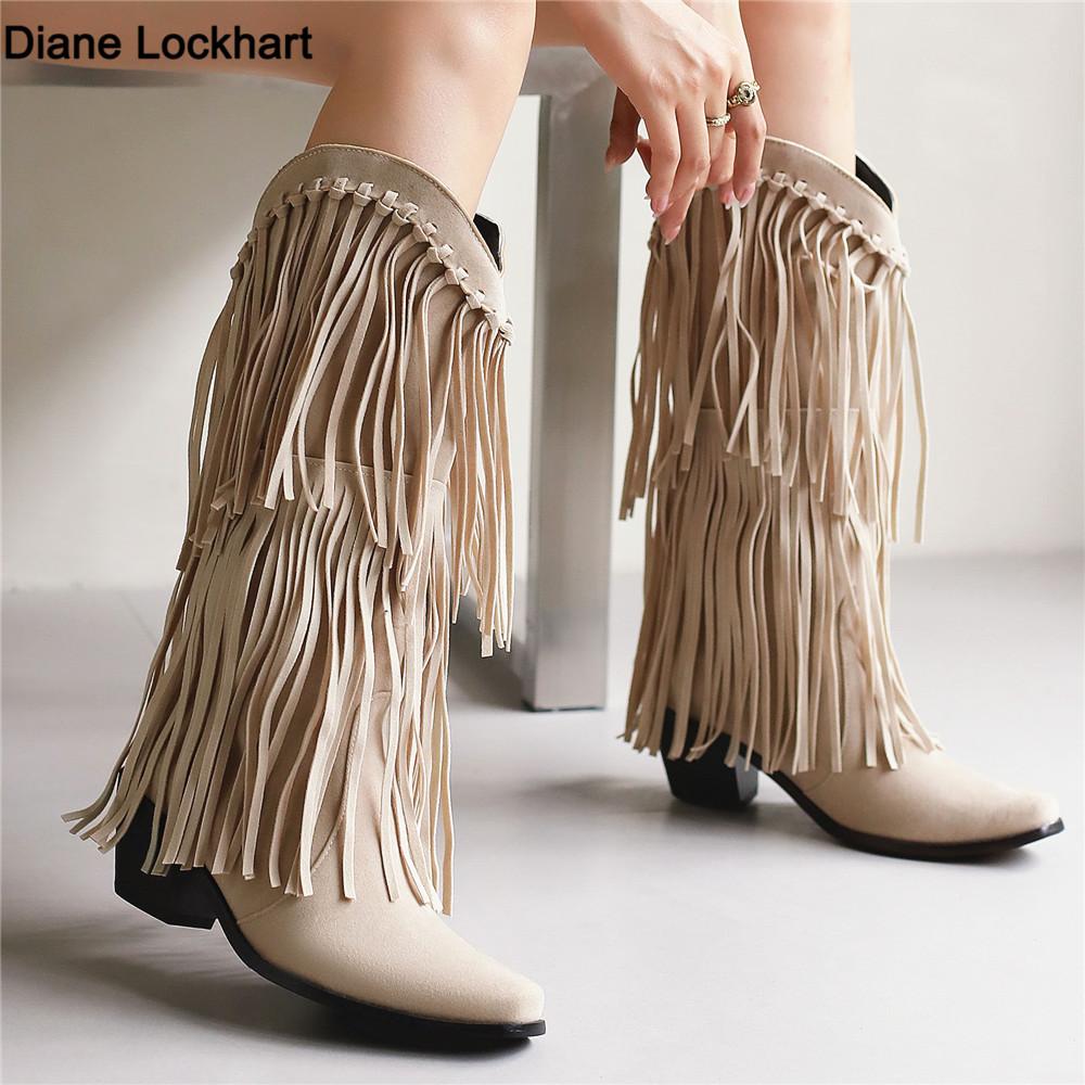 Fashion Fashion Autumn Winter Ethnic Woman Bohemian Flock Tassle Hidden Moccasin High Heels Mid-Calf Boots Fringe Female Slip On Shoes