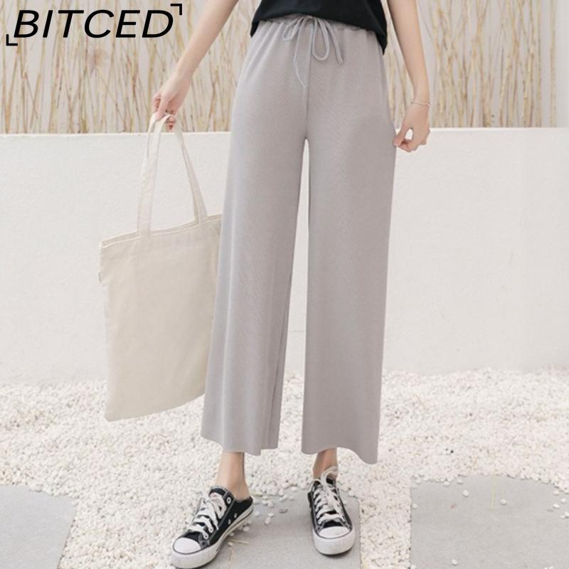 BITCED Ice Silk Cropped Trousers for Women Summer Lightweight High-Waisted Drapey Relaxed Fit Sun Protection Straight-Leg Wide-Leg Trousers
