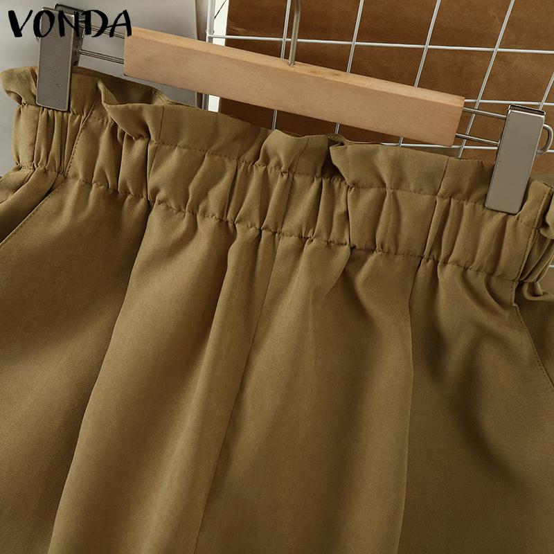VONDA Summer Women Elastic High Waist Solid Color Casual Loose Shorts Mini Pants