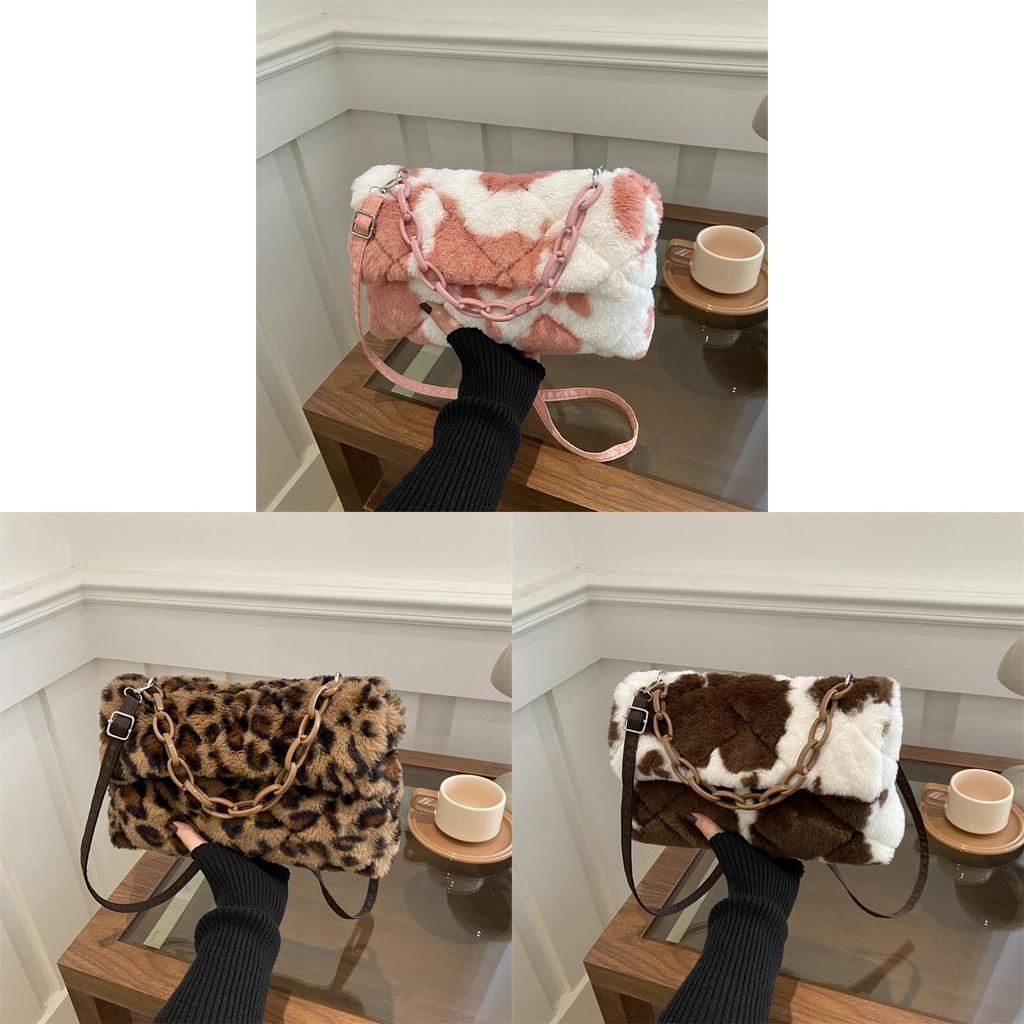 Plush Leopard Print Small Shoulder Bag With Top Flap For Daily Fashion