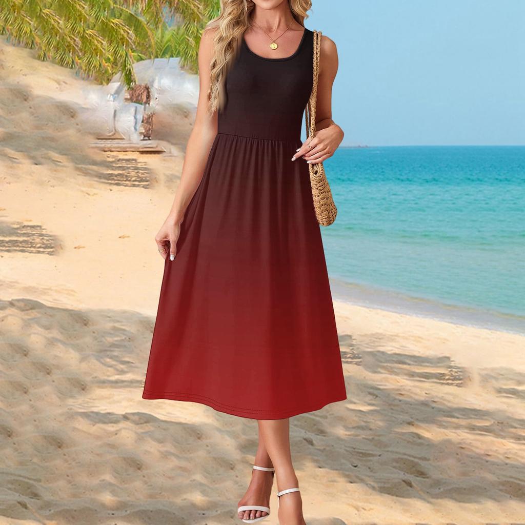 Fashionable women's summer dress with gradient print, elegant casual wear, beach vacation sun skirt with pocket