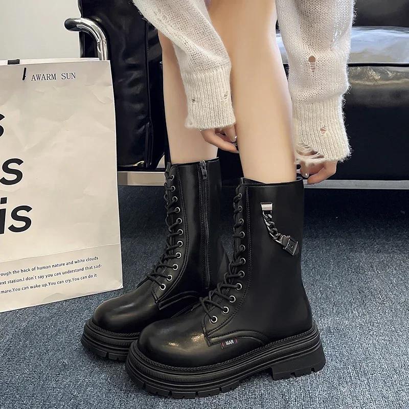Fashion Ladies Shoes 2024 High Quality Side Zipper Women's Boots Fashion Cross Lacing Office and Career New The Chain Mid-Calf Boots