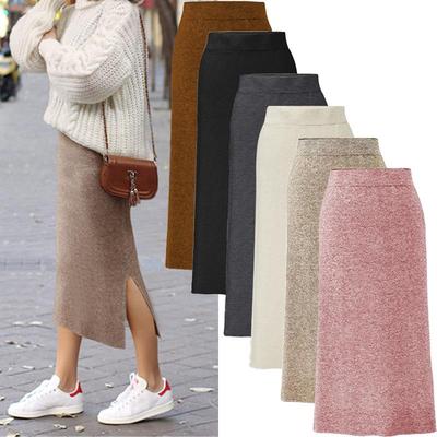 Women's Wool Knit Skirt - High Waist, Mid-Length, Thick, Split Design for Autumn/Winter, Fits Up To 200 Lbs