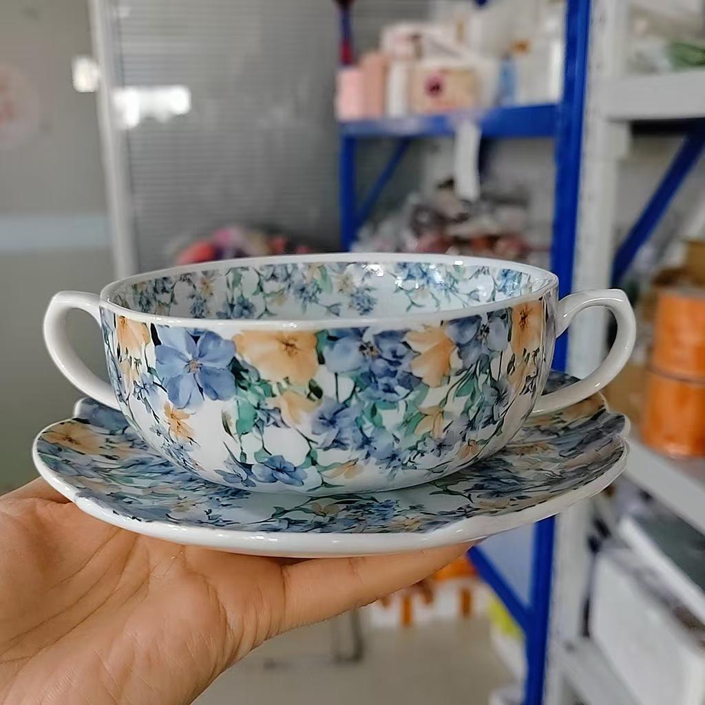Japanese Hand Painted The Blue Sky and White Clouds Coffee Cup with Saucer Ceramic Handmade Tea Cup Saucer Set Cute Gift for Her