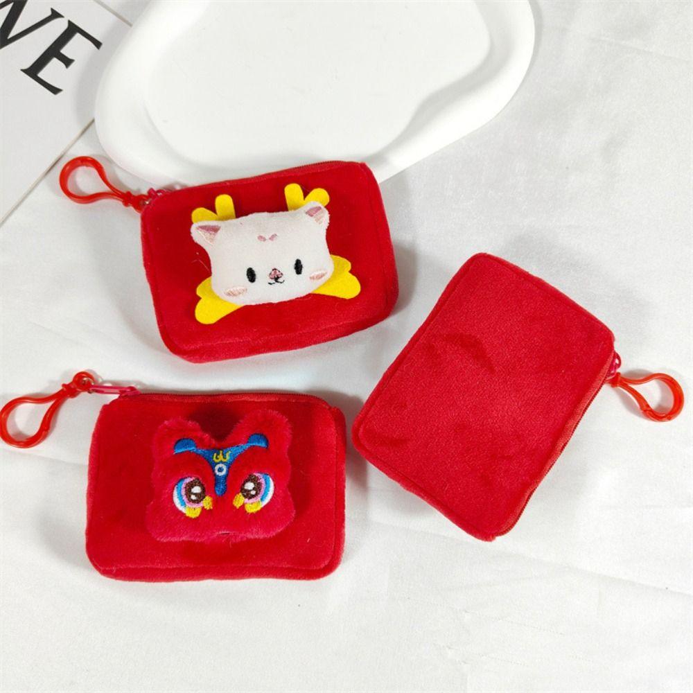 Fish Dragon Lion Plush Coin Purse Red Color Cartoon Lion Storage Bag Shopping