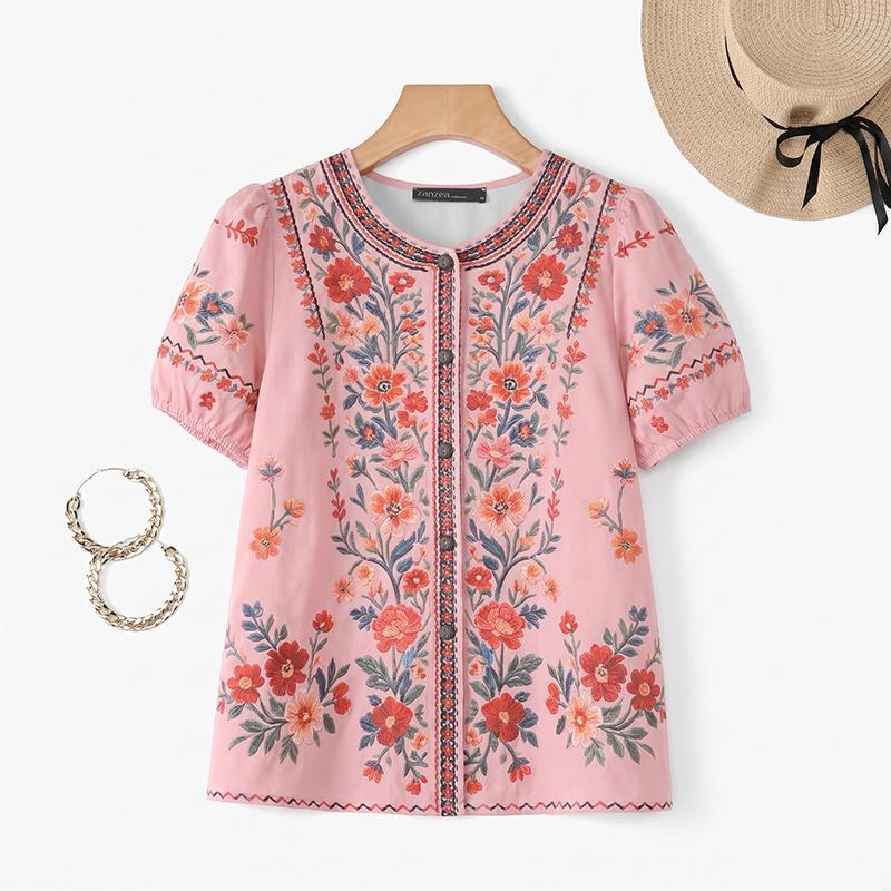 ZANZEA Blusa Casual da Donna con Stampa Floreale, Girocollo, Maniche Corte