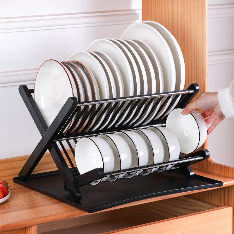 Double Layer Folding Dish Rack with Cutlery Storage - No Installation Needed