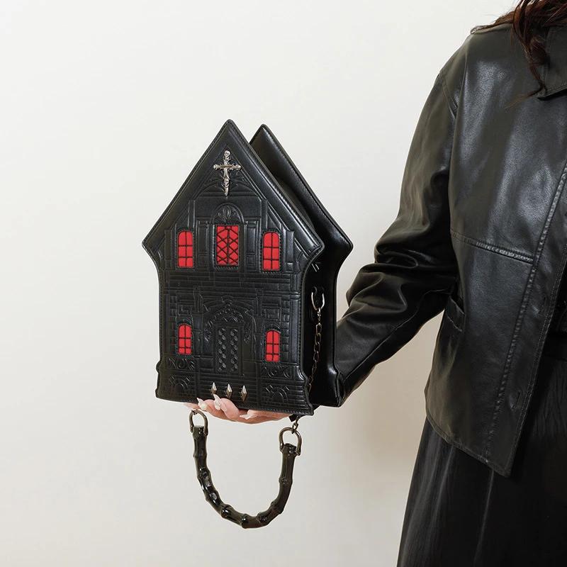 Gothic Castle Shoulder Bag 3D House Shape Messenger Bag Creative Design Halloween Essential Handbag Fashion Print Unique Women