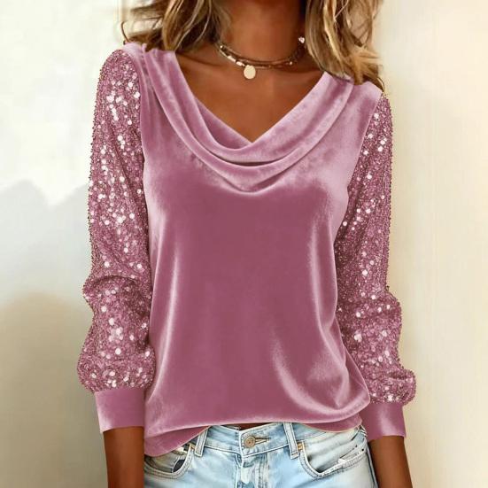 Women Tops Piled Collar Sequined Long Sleeves Velvet Texture Blouse Solid Color Loose Fit Stretchy Casual Tops Party Work Date Wear