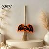 Bat Shape Party Ornament Halloween Mini Broomstick Ornament, Witch Pumpkin Ghost Decor with Natural Grass Miniature Holiday Set Broom, Festive