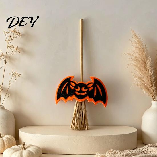 Bat Shape Party Ornament Halloween Mini Broomstick Ornament, Witch Pumpkin Ghost Decor with Natural Grass Miniature Holiday Set Broom, Festive