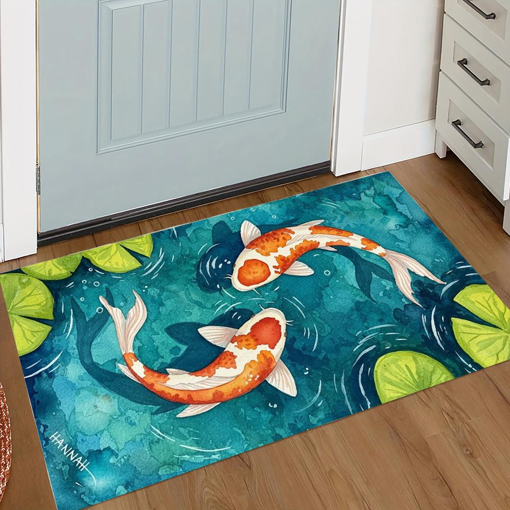 Lebhaftes Koi-Fischteich-Muster Fußmatte Realistischer Koi-Karpfen mit Lotusblättern Felsgarten-Design Fußmatte für Heim-Eingangsdekor