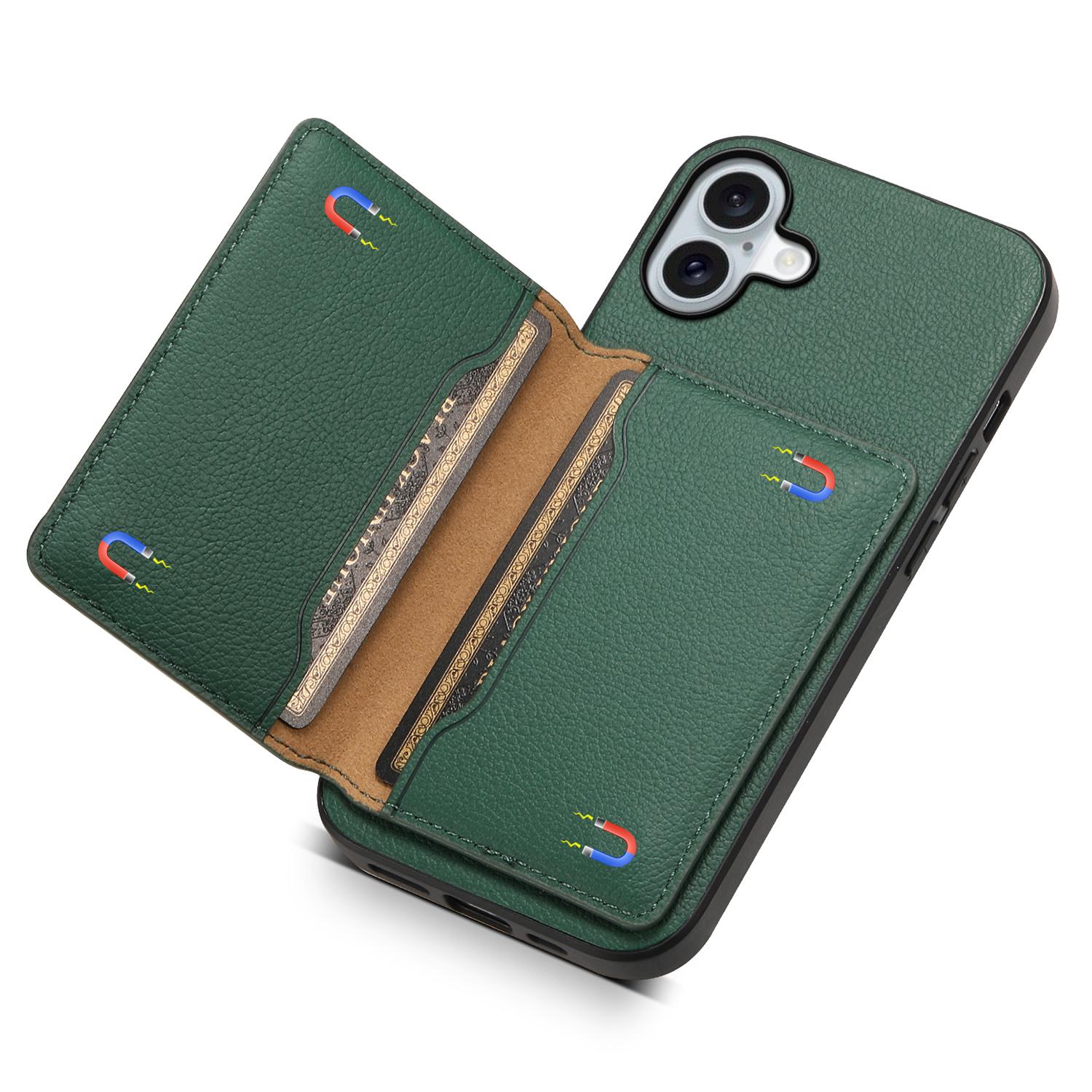 

For iPhone 16 Case Card Holder Kickstand Leather Coated PC+TPU Phone Cover