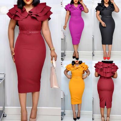 Dámske spodničky nadmernej veľkosti kancelárska dáma jednofarebná, výstrih do V, krátky nariasený rukáv, opasok, bodycon midi šaty
