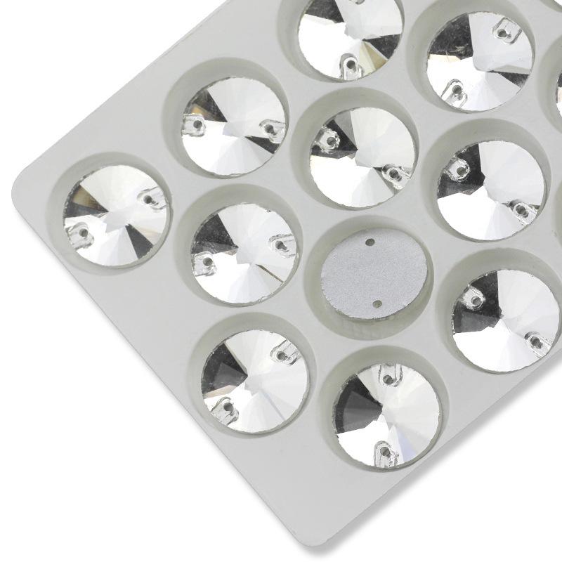 

Круглая пуговица-страз с плоской задней стороной с двумя отверстиями для ручного пришивания, цвет AB 14MM 28pcs/bag