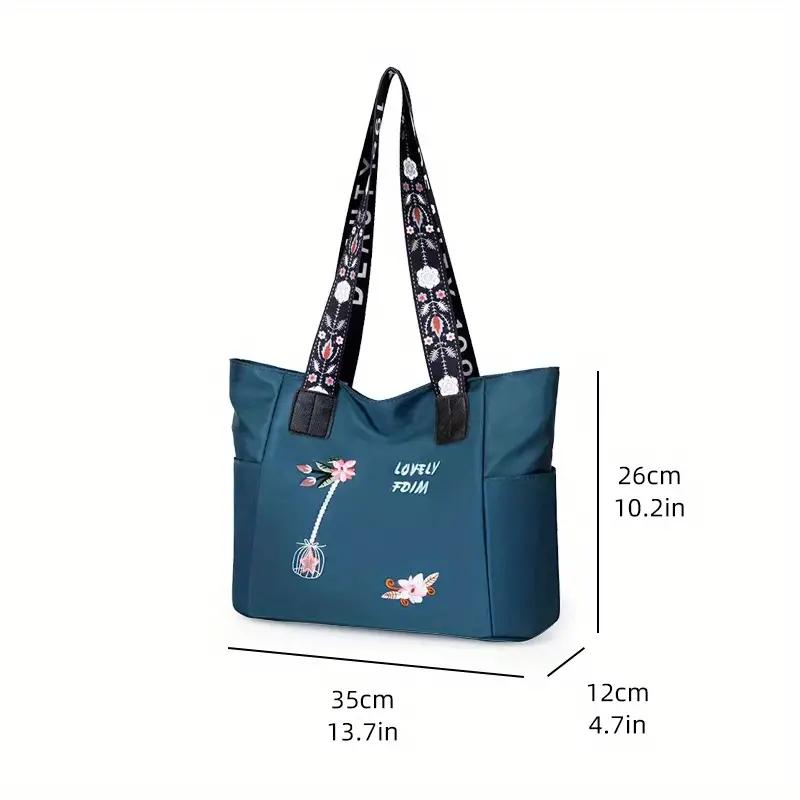 Flower Embroidery Tote Bag, Fashion Oxford Cloth Handbag, Large Capacity Shoulder Bag For Women