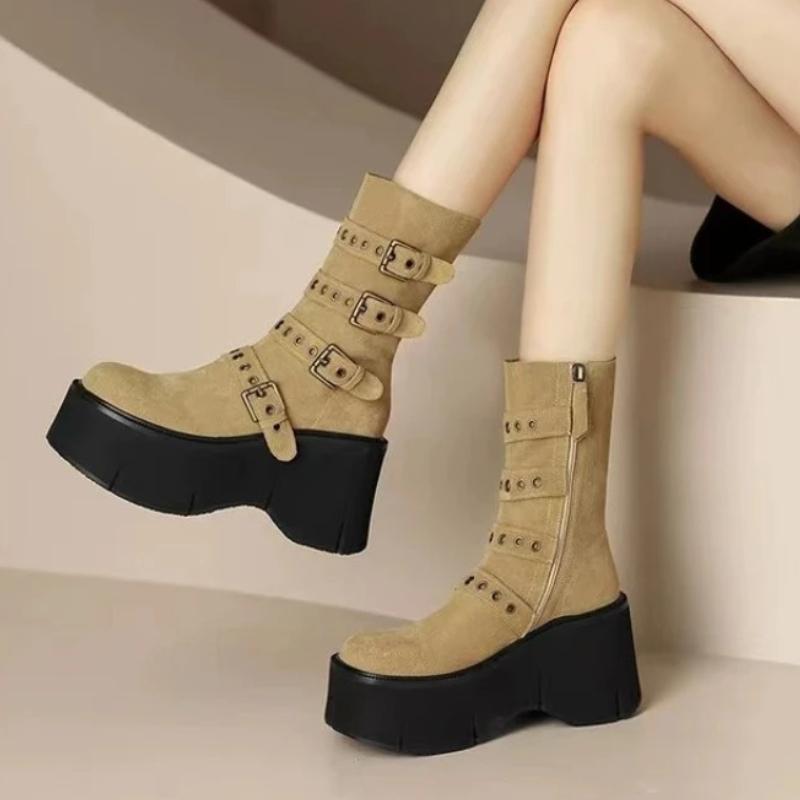 Fashion Ankle Boots for Women Short Boot Round Toe High Heel Platform Motorcycle Boots Thick Heel Knight Shoe Suede Punk Botas Mujer