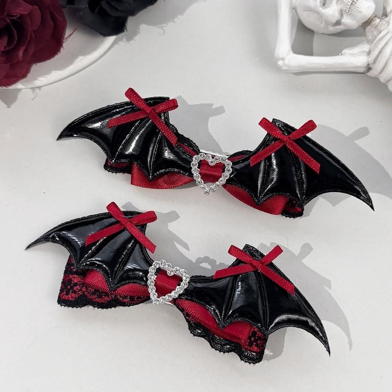 Dark Holiday Hair Barrettes, 1 Pair Halloween Winged Ribbon Design With Heart Detail and Lace Trim for Party Looks