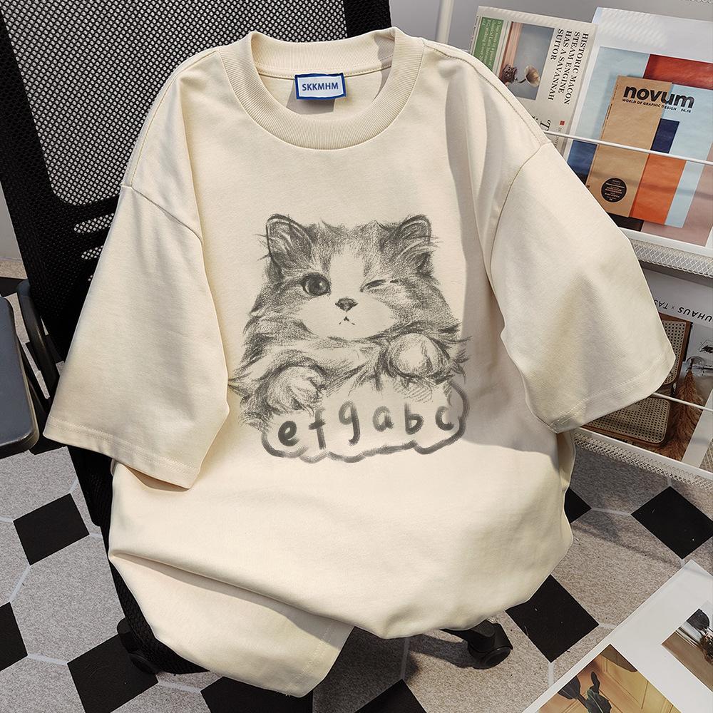 Cotton Niche Design Cat Print Summer Short-sleeved T-shirt Women's Loose Round Neck Trendy Couple American Top
