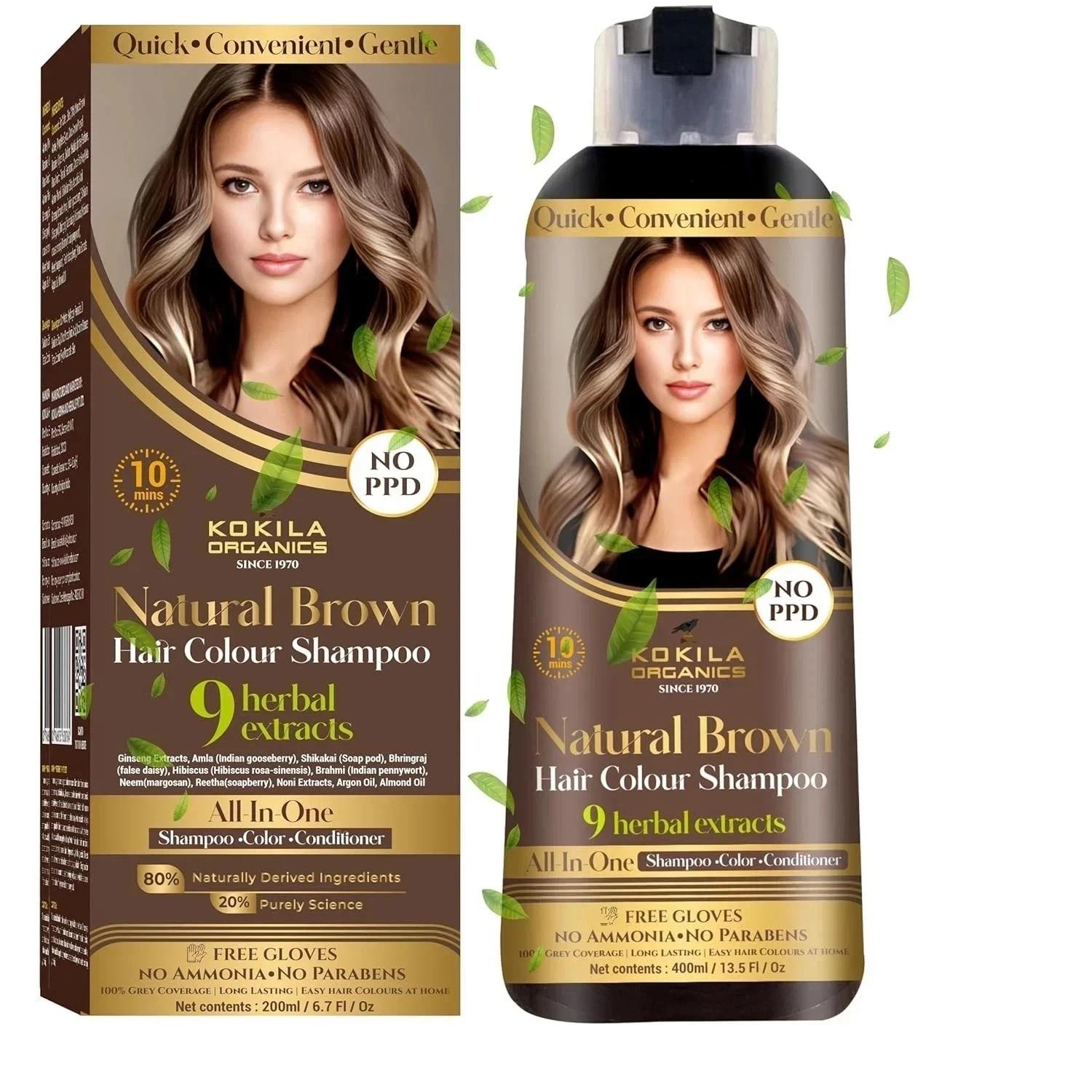 Kokila NO PPD Shampoo Haarfarbe - Natur Braun - 400ml - 10 Paar Kostenlose Handschuhe