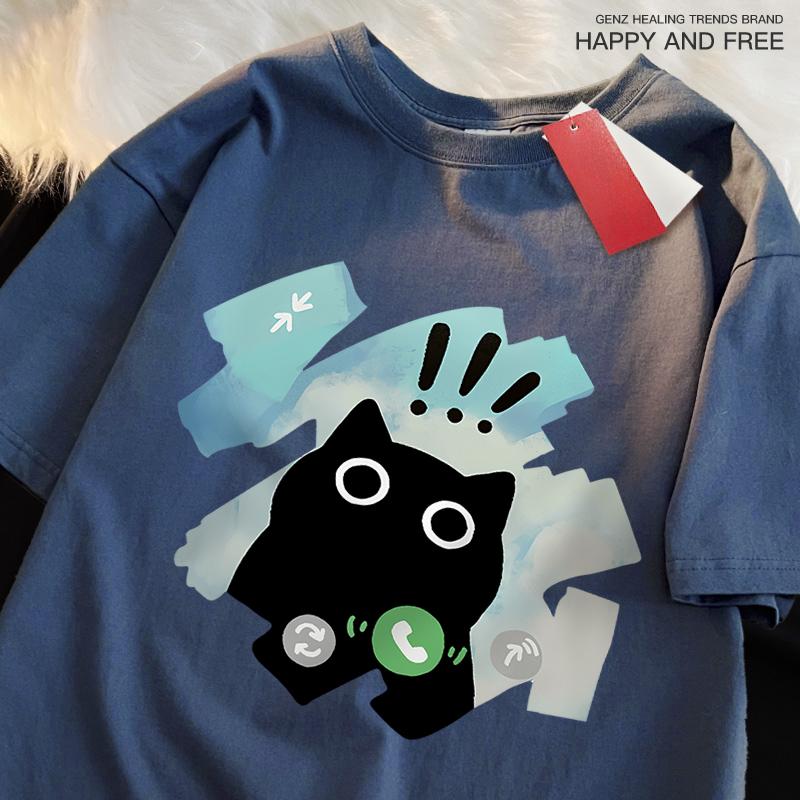 Funny Black Cat Japanese Style T Shirt Men Women Fashion Tshirts Summer 100% Cotton Tops Casual Loose Street T-Shirts