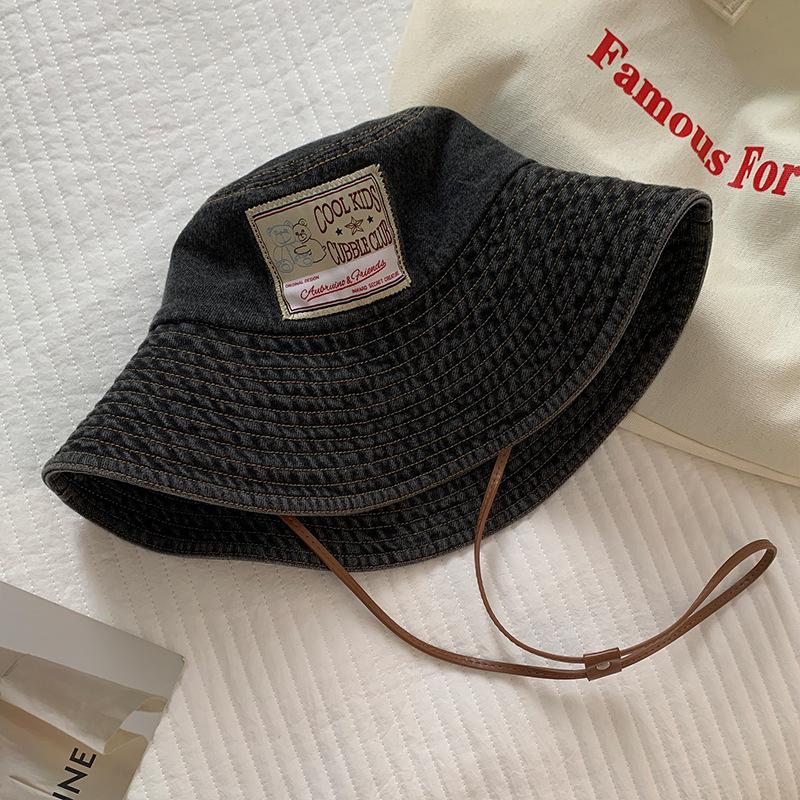 Japanese sticker denim bucket hat women wash old big brim show face small sunshade sunscreen hat