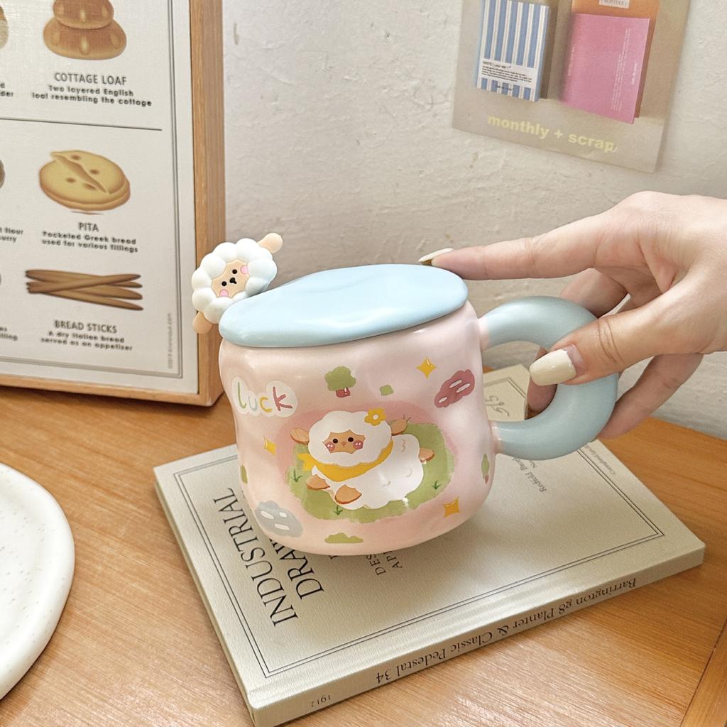 Cute Cartoon Lamb Ceramic Cup Birthday Gift Girl Mug with Lid Couple Girl High value Water Cup