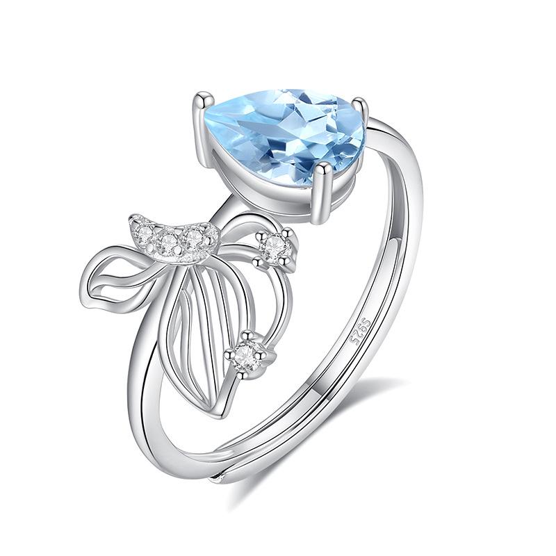 S925 Sterling Silver Butterfly Crystal Open Ring, Adjustable Natural Stone Band, Elegant Dainty Jewelry for Women, Daily Wear & Gift