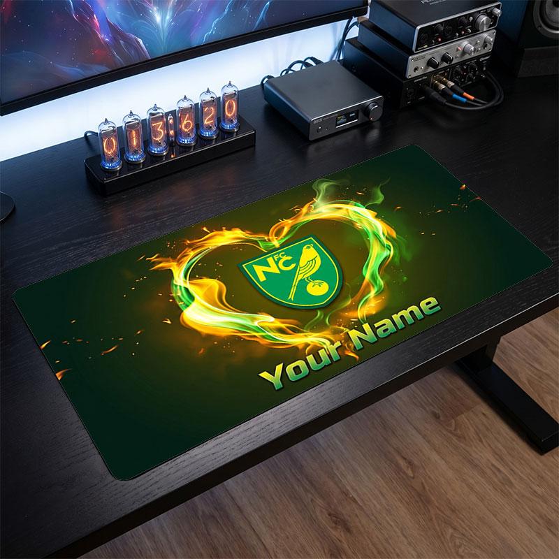 Norwich City Custom Large Mouse Pad, Personalized Name Text Print, Football Logo Non‑Slip Desk Mat Gaming Gift