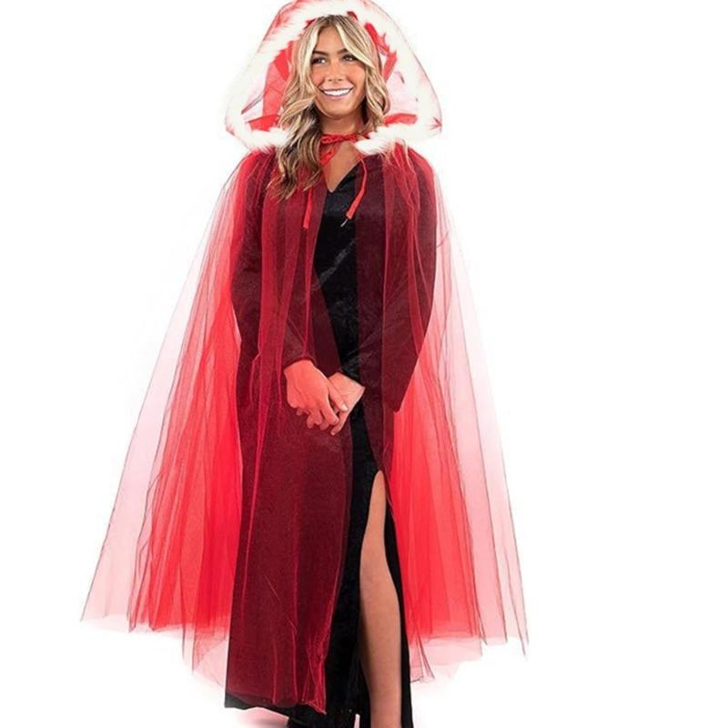 Mesh Hooded Cloak Robe Mrs Santa Clauses Costume Cape Halloween Christmas Costumes for Women Girls Wizard Robe Gifts