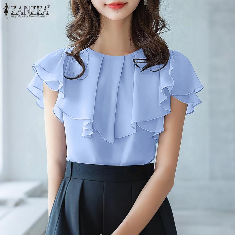 ZANZEA Women Casual Round Neck Short Sleeve Summer Ruffles Blouse