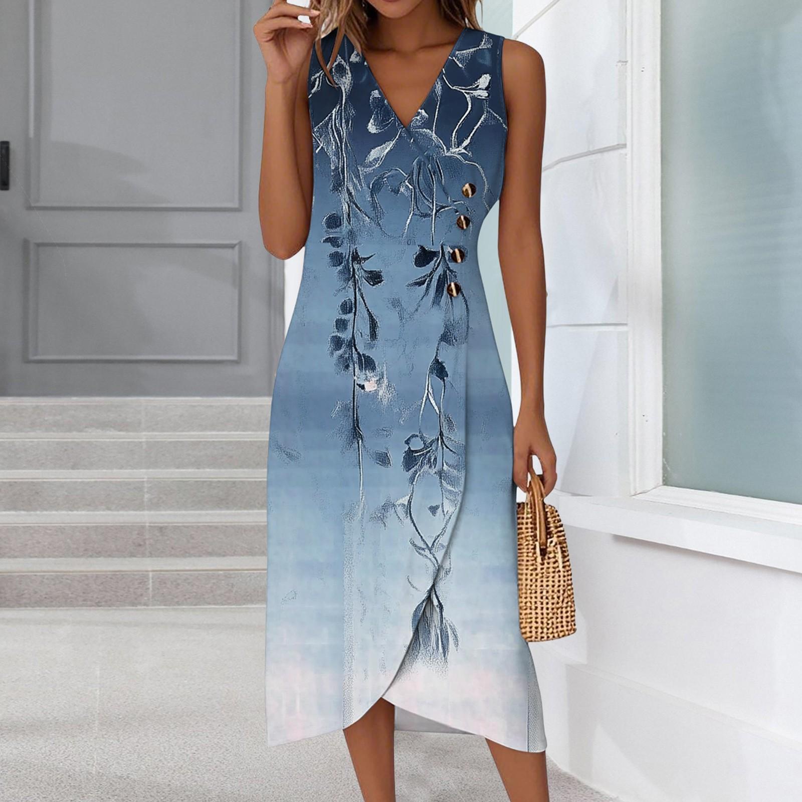 

Женское повседневное платье без рукавов с V-образным вырезом, весна/лето, на пуговицах, с принтом в стиле ретро L синий