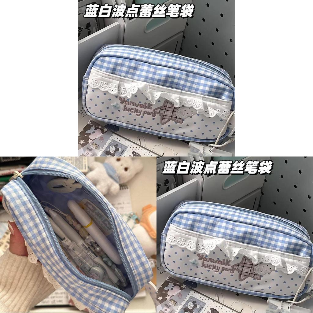 Cotton Vintage Plaid Pencil Case With Lace Detail For Students And Office Use