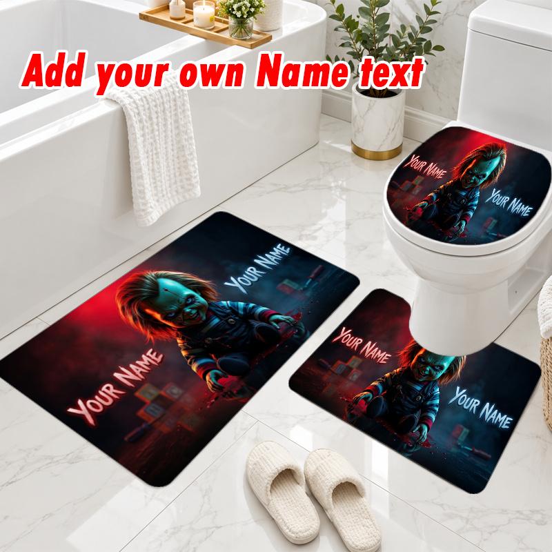Personalized Child's Play Chucky Tiffany 3Pcs Flannel Toilet Mat Set Custom Text Bathroom Rug Non Slip