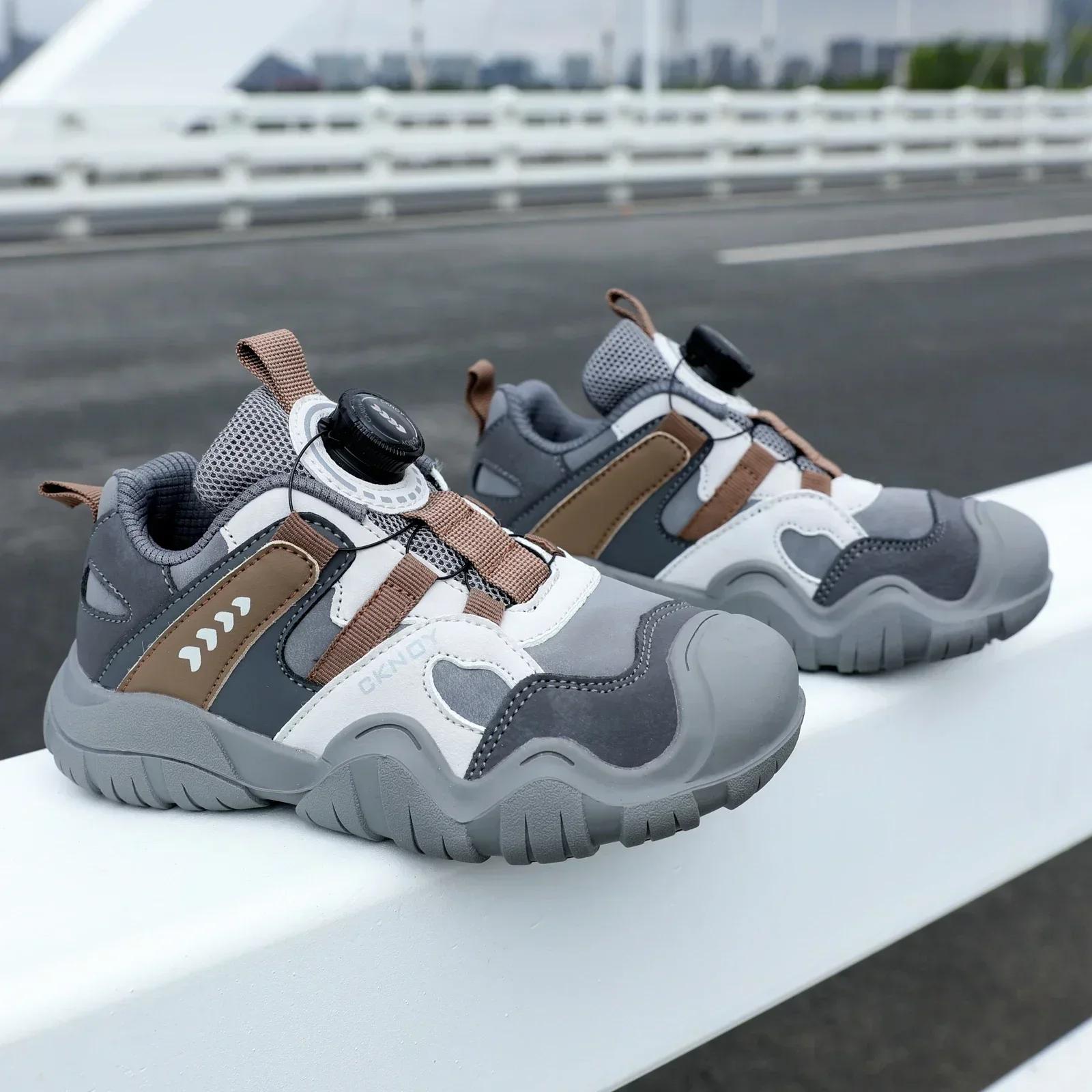 

Children s Casual Sneakers Hiking Mountaineering Shoes New Outdoor Boys Girls Running Shoes Rotary Buckle Non-slip High Quality 31(19.0CM) серый