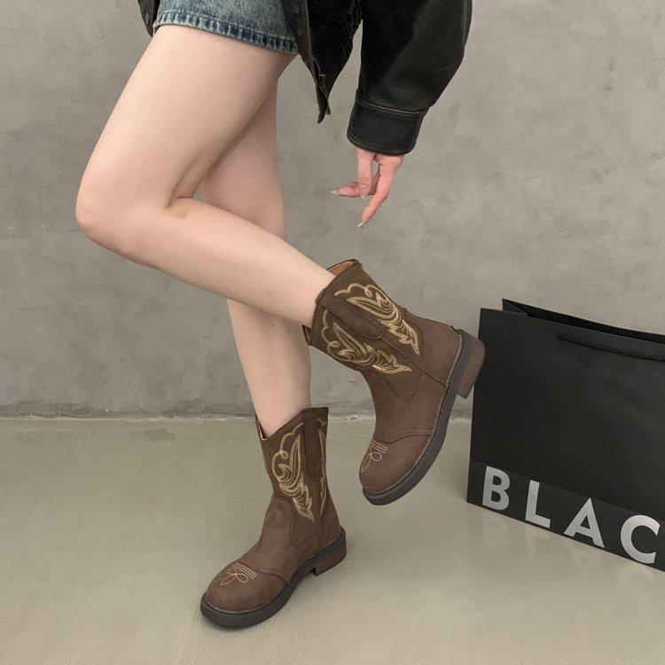 Leather~ Jiaoyu British style boots women's brown retro European and American embroidered western cowboy boots thick-soled Martin boots