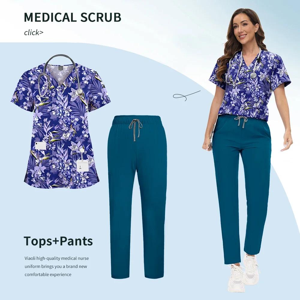 Printed Scrub Uniform Set V Neck Short Sleeves Pockets Top Medical Soft Scrub Pants Sets Nurse Surgical Uniforms Woman