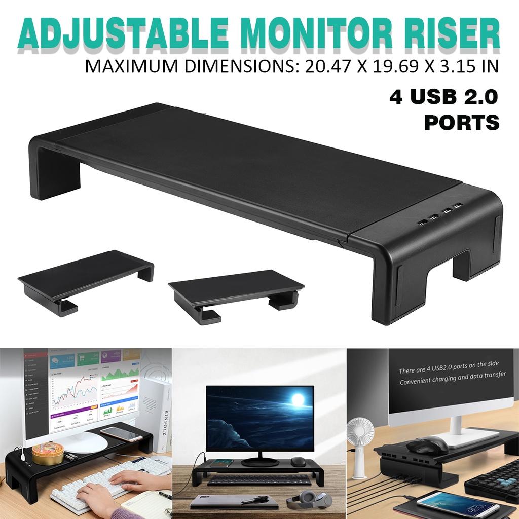 4 USB Multifunktions-Monitorständer mit 2.0 Anschlüssen, Ladefunktion, Monitorhalter, Computerbildschirm-Regal, Laptopständer, Organizer, Schwarz
